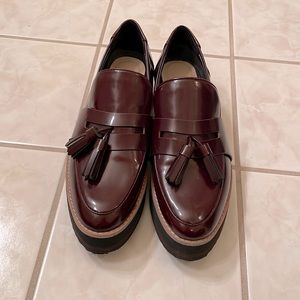 Tasseled loafer with 1 1/2 inch wedge heel